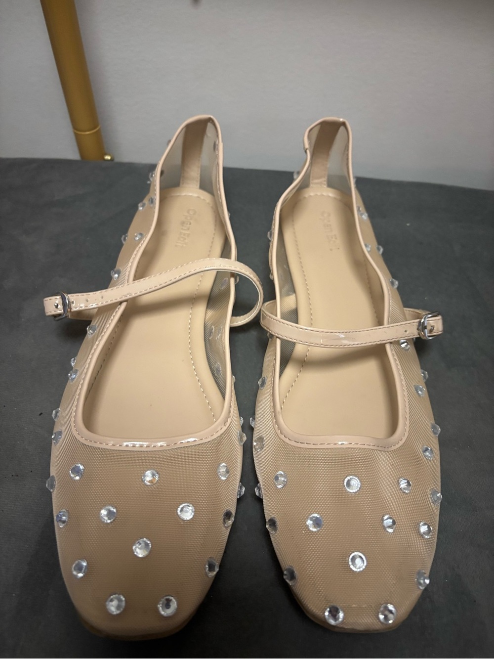 Beige Jeweled Mesh Mary Jane Flats